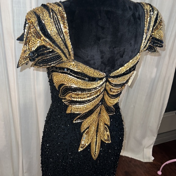 BLACK TIE black & gold beaded formal gown vintage womens dress zipper back NWT 8 - Picture 11 of 17